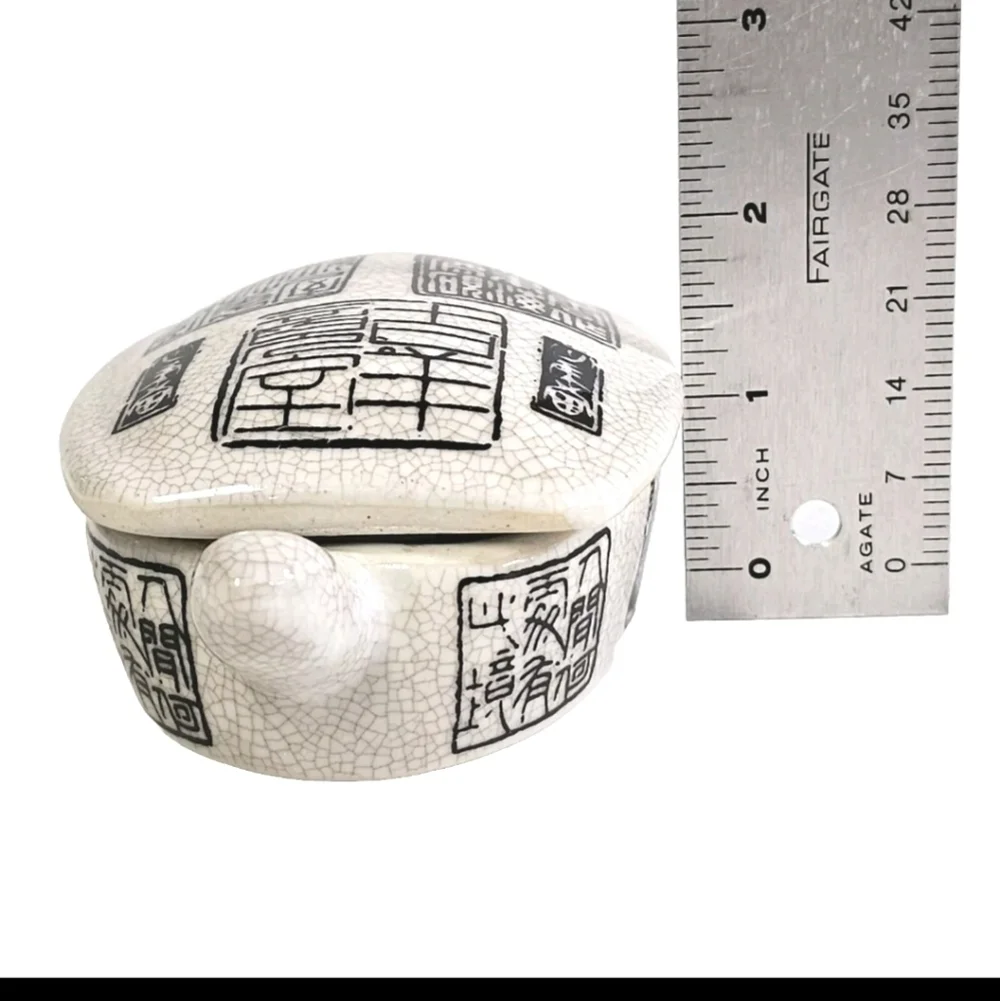Rare Unique Chinese Chinoiserie Print Ceramic Jewelry Lided Turtle Trinket Box